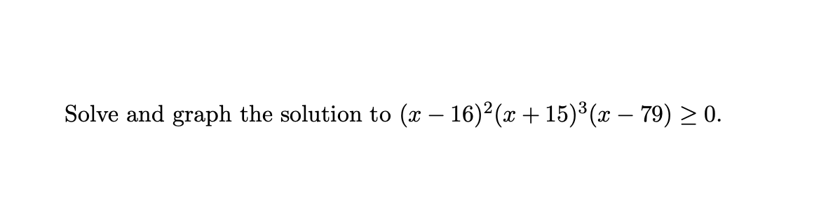 Solve and graph the solution to
(x – 16) (x + 15)3(x – 79) > 0.
