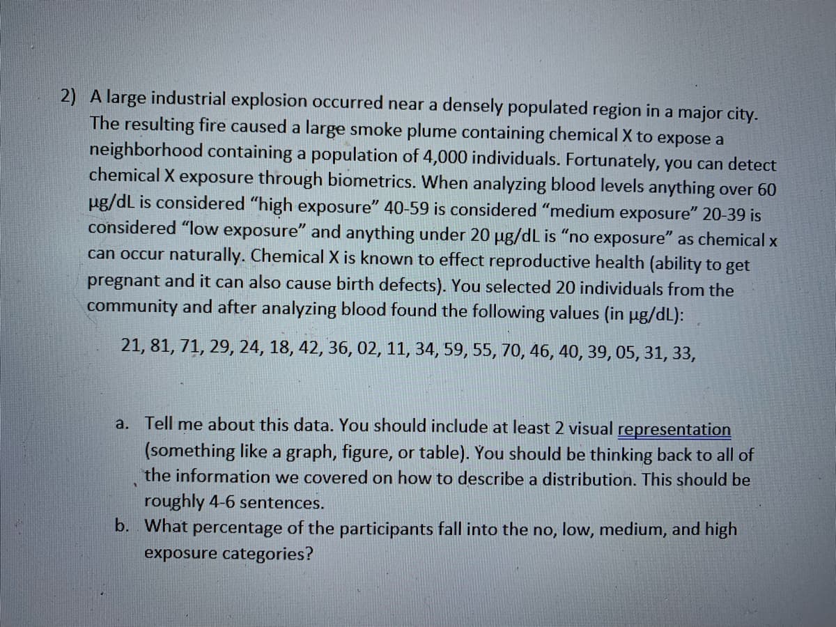 2) A large industrial explosion occurred near a densely populated region in a major city.
The resulting fire caused a large smoke plume containing chemical X to expose a
neighborhood containing a population of 4,000 individuals. Fortunately, you can detect
chemical X exposure through biometrics. When analyzing blood levels anything over 60
ug/dL is considered "high exposure" 40-59 is considered "medium exposure" 20-39 is
considered "low exposure" and anything under 20 µg/dL is "no exposure" as chemical x
can occur naturally. Chemical X is known to effect reproductive health (ability to get
pregnant and it can also cause birth defects). You selected 20 individuals from the
community and after analyzing blood found the following values (in ug/dL):
21, 81, 71, 29, 24, 18, 42, 36, 02, 11, 34, 59, 55, 70, 46, 40, 39, 05, 31, 33,
a. Tell me about this data. You should include at least 2 visual representation
(something like a graph, figure, or table). You should be thinking back to all of
the information we covered on how to describe a distribution. This should be
roughly 4-6 sentences.
b. What percentage of the participants fall into the no, low, medium, and high
exposure categories?
