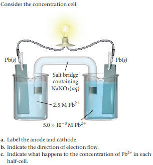 Consider the concentration cell:
РЫ)
Pb(s)
Salt bridge
containing
NaNO3(aq)
- 2.5 M Pb2+
5.0 x 10-M Pb2+
a. Label the anode and cathode.
b. Indicate the direction of electron flow.
c. Indicate what happens to the concentration of Pb2* in each
half-cell.
