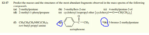 12-17
Predict the masses and the structures of the most abundant fragments observed in the mass spectra of the following
compounds
(a) 2-methylpentane
(d) 2-methyl-l-phenylpropane
(b) 3-methylhex-2-ene
(e) cyclohexyl isopropyl ether [cyclohexyl-0-CH(CH,),]
(c) 4-methylpentan-2-ol
() CH;CH;CH;NHC(CH3)3
tert-butyl propyl amine
*(h) 3-bromo-2-methylpentane
CH3
acetophenone
