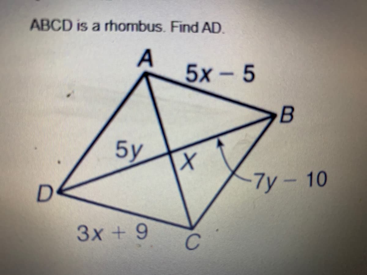 ABCD is a rhombus. Find AD.
5х - 5
B
5y
7y - 10
3x + 9
C.

