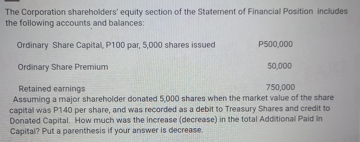 The Corporation shareholders' equity section of the Statement of Financial Position includes
the following accounts and balances:
P500,000
Ordinary Share Capital, P100 par, 5,000 shares issued
Ordinary Share Premium
Retained earnings
750,000
Assuming a major shareholder donated 5,000 shares when the market value of the share
capital was P140 per share, and was recorded as a debit to Treasury Shares and credit to
Donated Capital. How much was the increase (decrease) in the total Additional Paid In
Capital? Put a parenthesis if your answer is decrease.
50,000