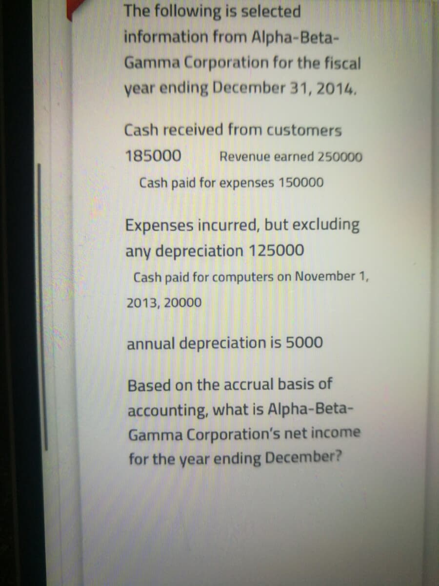The following is selected
information from Alpha-Beta-
Gamma Corporation for the fiscal
year ending December 31, 2014,
Cash received from customers
185000
Revenue earned 250000
Cash paid for expenses 150000
Expenses incurred, but excluding
any depreciation 125000
Cash paid for computers on November 1,
2013, 20000
annual depreciation is 5000
Based on the accrual basis of
accounting, what is Alpha-Beta-
Gamma Corporation's net income
for the year ending December?
