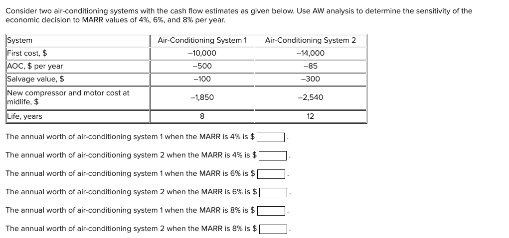 Consider two air-conditioning systems with the cash flow estimates as given below. Use AW analysis to determine the sensitivity of the
economic decision to MARR values of 4%, 6%, and 8% per year.
Air-Conditioning System 1
System
First cost, $
AOC, $ per year
Salvage value, $
New compressor and motor cost at
midlife, $
Life, years
-10,000
-500
-100
-1,850
8
The annual worth of air-conditioning system 1 when the MARR is 4% is $
The annual worth of air-conditioning system 2 when the MARR is 4% is $
The annual worth of air-conditioning system 1 when the MARR is 6% is $
The annual worth of air-conditioning system 2 when the MARR is 6% is $
The annual worth of air-conditioning system 1 when the MARR is 8% is $
The annual worth of air-conditioning system 2 when the MARR is 8% is $
Air-Conditioning System 2
-14,000
-85
-300
-2,540
12