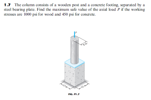 1.7 The column consists of a wooden post and a concrete footing, separated by a
steel bearing plate. Find the maximum safe value of the axial load P if the working
stresses are 1000 psi for wood and 450 psi for concrete.
FIG. PI.7
