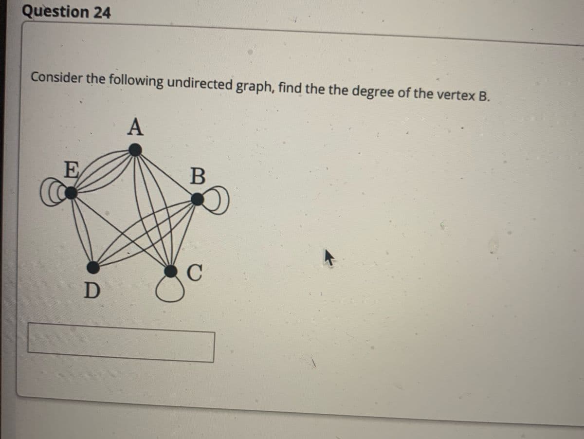 Question 24
Consider the following undirected graph, find the the degree of the vertex B.
A
E
D
