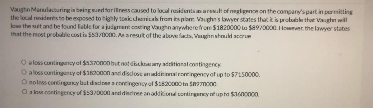 Vaughn Manufacturing is being sued for illness caused to local residents as a result of negligence on the company's part in permitting
the local residents to be exposed to highly toxic chemicals from its plant. Vaughn's lawyer states that it is probable that Vaughn will
lose the suit and be found liable for a judgment costing Vaughn anywhere from $1820000 to $8970000. However, the lawyer states
that the most probable cost is $5370000. As a result of the above facts, Vaughn should accrue
O a loss contingency of $5370000 but not disclose any additional contingency.
O a loss contingency of $1820000 and disclose an additional contingency of up to $7150000.
O no loss contingency but disclose a contingency of $1820000 to $8970000.
O a loss contingency of $5370000 and disclose an additional contingency of up to $3600000.
