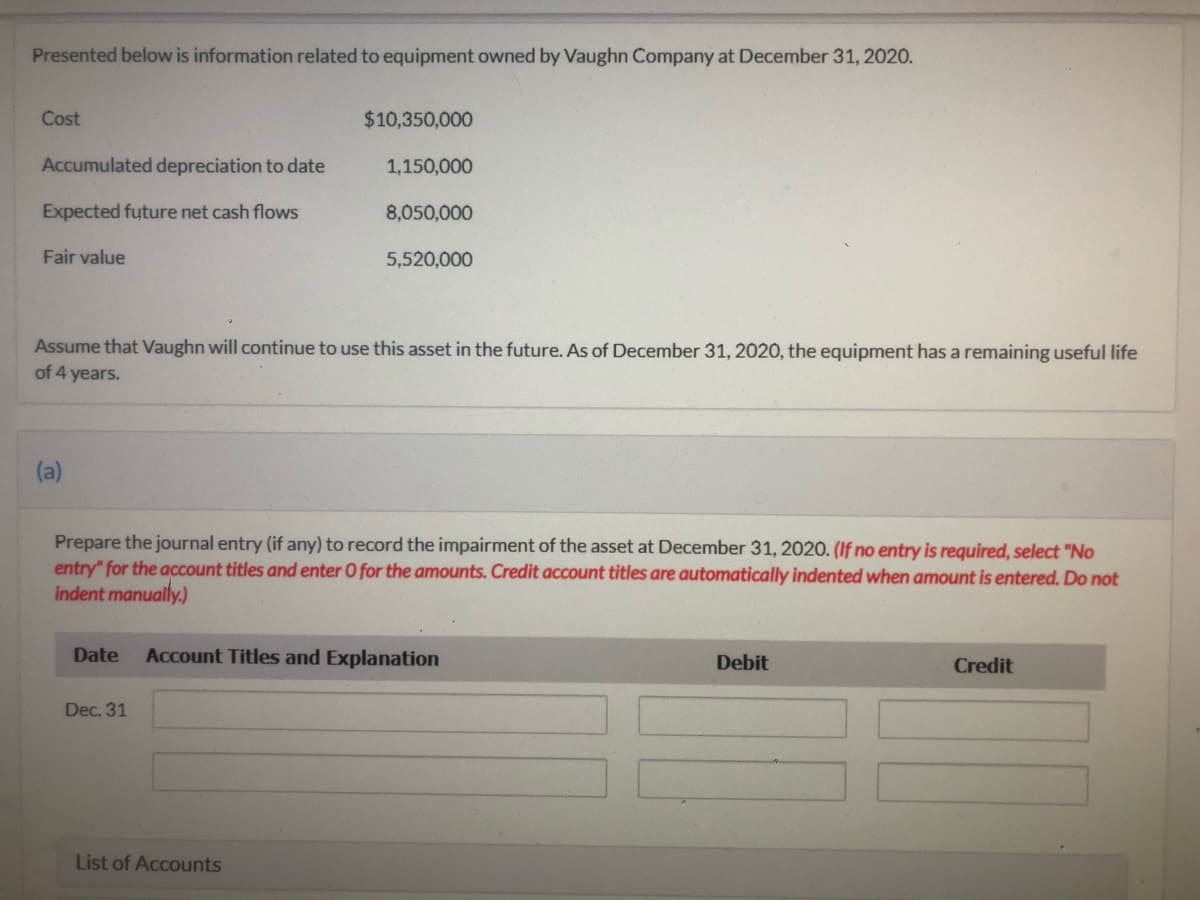 Presented below is information related to equipment owned by Vaughn Company at December 31, 2020.
Cost
$10,350,000
Accumulated depreciation to date
1,150,000
Expected future net cash flows
8,050,000
Fair value
5,520,000
Assume that Vaughn will continue to use this asset in the future. As of December 31, 2020, the equipment has a remaining useful life
of 4 years.
(a)
Prepare the journal entry (if any) to record the impairment of the asset at December 31, 2020. (If no entry is required, select "No
entry" for the account titles and enter O for the amounts. Credit account titles are automatically indented when amount is entered. Do not
indent manually.)
Date
Account Titles and Explanation
Debit
Credit
Dec. 31
List of Accounts
