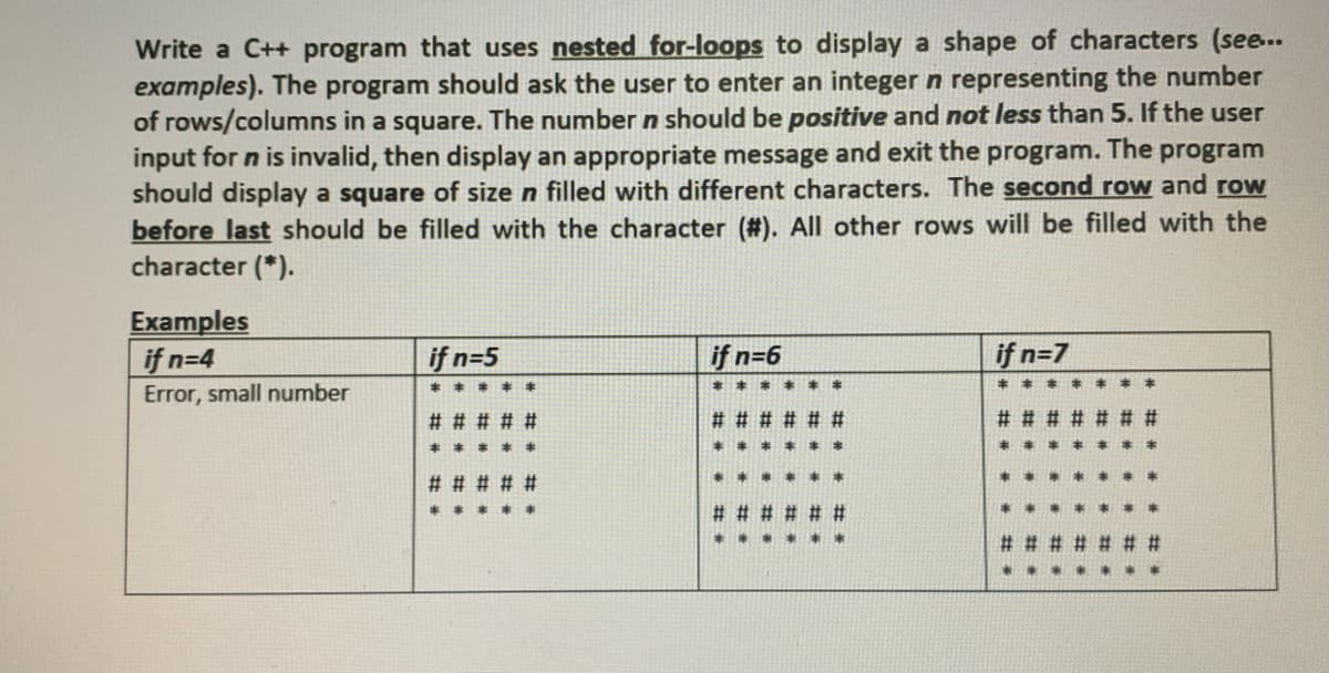 Write a C++ program that uses nested for-loops to display a shape of characters (see...
examples). The program should ask the user to enter an integer n representing the number
of rows/columns in a square. The number n should be positive and not less than 5. If the user
input for n is invalid, then display an appropriate message and exit the program.
should display a square of size n filled with different characters. The second row and row
before last should be filled with the character (#). All other rows will be filled with the
character (*).
The
program
Examples
if n=4
Error, small number
if n=5
if n=6
if n=7
* ****
* 本*
本
本*
# # # # # #
# # # # #
# # # # #
*** *%#
*** *
%2.
****
# # # # #
本
***
****.
# # # # # #
#%23
%# * * #
* **
