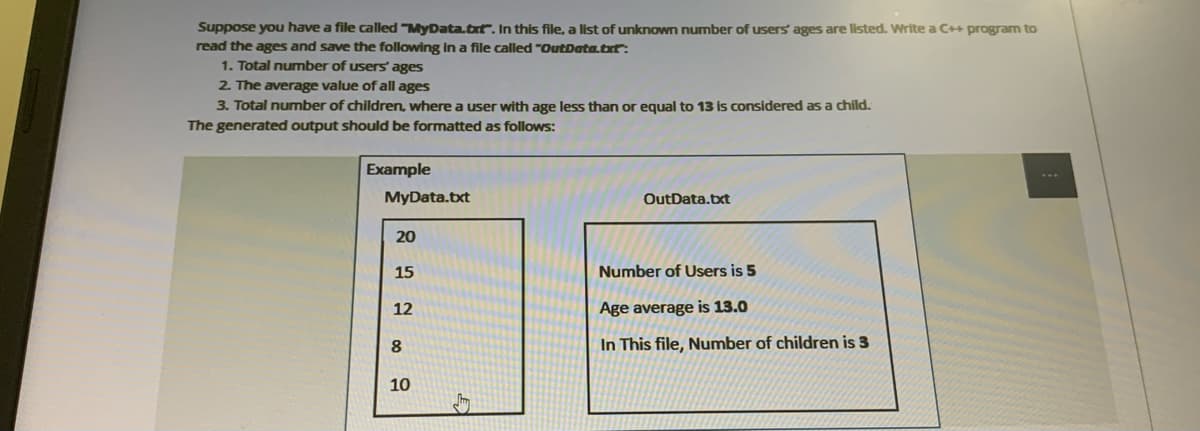 Suppose you have a file called "MyData.tr. In this file, a list of unknown number of users ages are listed. Write a C++ program to
read the ages and save the following in a file called "OutData.txt":
1. Total number of users ages
2. The average value of all ages
3. Total number of children, where a user with age less than or equal to 13 is considered as a child.
The generated output should be formatted as follows:
Example
MyData.txt
OutData.txt
20
15
Number of Users is 5
12
Age average is 13.0
8.
In This file, Number of children is 3
10
