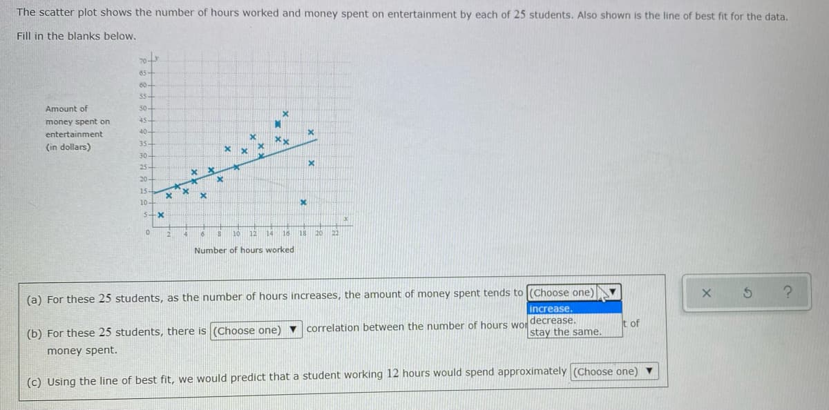 The scatter plot shows the number of hours worked and money spent on entertainment by each of 25 students. Also shown is the line of best fit for the data.
Fill in the blanks below.
70
65-
60-
55-
Amount of
50-
money spent on
40-
entertainment
35-
(in dollars)
30-
25-
20-
15
10-
5+x
10
14
16
18
20
Number of hours worked
(a) For these 25 students, as the number of hours increases, the amount of money spent tends to (Choose one)
increase.
decrease.
stay the same.
t of
correlation between the number of hours wor
(b) For these 25 students, there is (Choose one)
money spent.
(c) Using the line of best fit, we would predict that a student working 12 hours would spend approximately (Choose one) ▼
