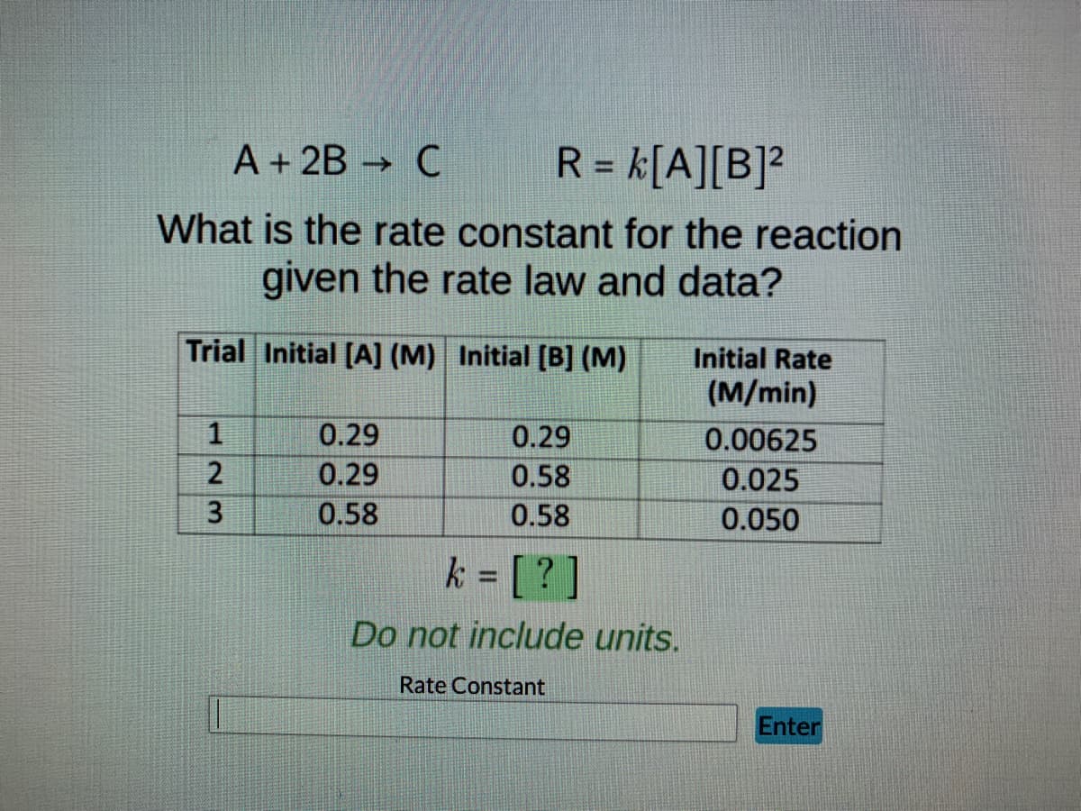 A + 2B → C
R = K[A][B]²
What is the rate constant for the reaction
given the rate law and data?
Trial Initial [A] (M) Initial [B] (M)
Initial Rate
(M/min)
1
0.29
0.29
0.00625
0.29
0.58
0.025
0.58
0.58
0.050
k = [?]
Do not include units.
Rate Constant
23
Enter