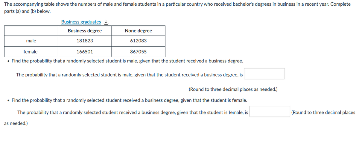 The accompanying table shows the numbers of male and female students in a particular country who received bachelor's degrees in business in a recent year. Complete
parts (a) and (b) below.
Business graduates
Business degree
None degree
male
181823
612083
female
166501
867055
• Find the probability that a randomly selected student is male, given that the student received a business degree.
The probability that a randomly selected student is male, given that the student received a business degree, is
(Round to three decimal places as needed.)
• Find the probability that a randomly selected student received a business degree, given that the student is female.
The probability that a randomly selected student received a business degree, given that the student is female, is
(Round to three decimal places
as needed.)
