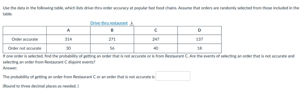 Use the data in the following table, which lists drive-thru order accuracy at popular fast food chains. Assume that orders are randomly selected from those included in the
table.
Drive-thru restaurant
A
D
Order accurate
314
271
247
137
Order not accurate
30
56
40
18
If one order is selected, find the probability of getting an order that is not accurate or is from Restaurant C. Are the events of selecting an order that is not accurate and
selecting an order from Restaurant C disjoint events?
Answer:
The probability of getting an order from Restaurant C or an order that is not accurate is
(Round to three decimal places as needed. )
