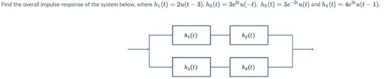 Find the overall impulse response of the system below, where h₁ (t) = 2u(t-3). h₂(t)=3e²u(-t). hs(t) = 3e-2u(t) and h(t) = 4e³ u(t-1).
h₂ (1)
h₂(t)
hz(t)
ha(t)