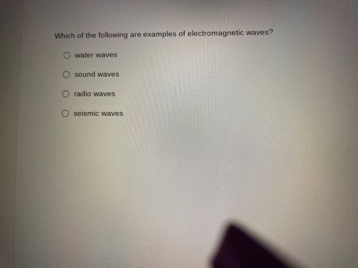 Which of the following are examples of electromagnetic waves?
water waves
O sound waves
O radio waves
O seismic waves
