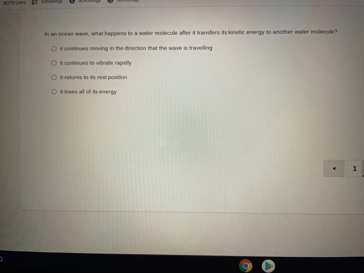 BCPS Links
i Schoölogy
In an ocean wave, what happens to a water molecule after it transfers its kinetic energy to another water molecule?
O it continues moving in the direction that the wave is travelling
O it continues to vibrate rapidly
O it returns to its rest position
O it loses all of its energy
