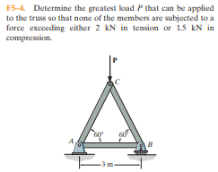 FS-4. Determine the greatest load P that can be applied
to the truss so that none of the members are subjected to a
force exceeding either 2 kN in tension or 1.5 kN in
compression.
60
-3 m-
