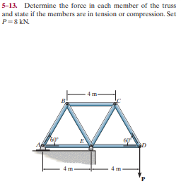 5-13. Determine the force in each member of the truss
and state if the members are in tension or compression. Set
P=8 kN.
4 m
B.
50

