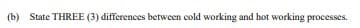 (b) State THREE (3) differences between cold working and hot working processes.
