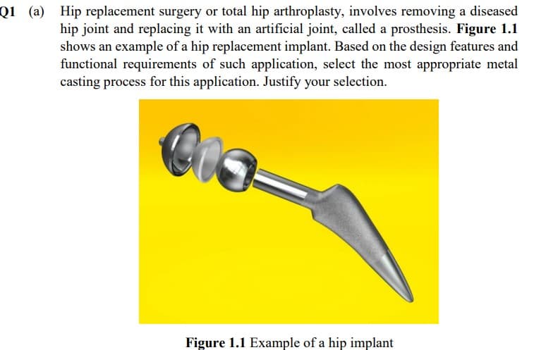 Q1 (a) Hip replacement surgery or total hip arthroplasty, involves removing a diseased
hip joint and replacing it with an artificial joint, called a prosthesis. Figure 1.1
shows an example of a hip replacement implant. Based on the design features and
functional requirements of such application, select the most appropriate metal
casting process for this application. Justify your selection.
Figure 1.1 Example of a hip implant
