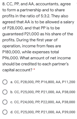 8. CC, PP, and AA, accountants, agree
to form a partnership and to share
profits in the ratio of 5:3:2. They also
agreed that AA is to be allowed a salary
of P28,000, and that PP is to be
guaranteed P21,000 as his share of the
profits. During the first year of
operation, income from fees are
P180,000, while expenses total
P96,000. What amount of net income
should be credited to each partner's
capital account? *
O a. cC, P28,000, PP, P16,800, AA, P11,200
O b. CC, P25,000, PP, P21,000, AA, P38,000
O c. CC, P24,000, PP, P22,000, AA, P38,000
O d. CC, P25,000, PP, P21,000, AA, P39,000
