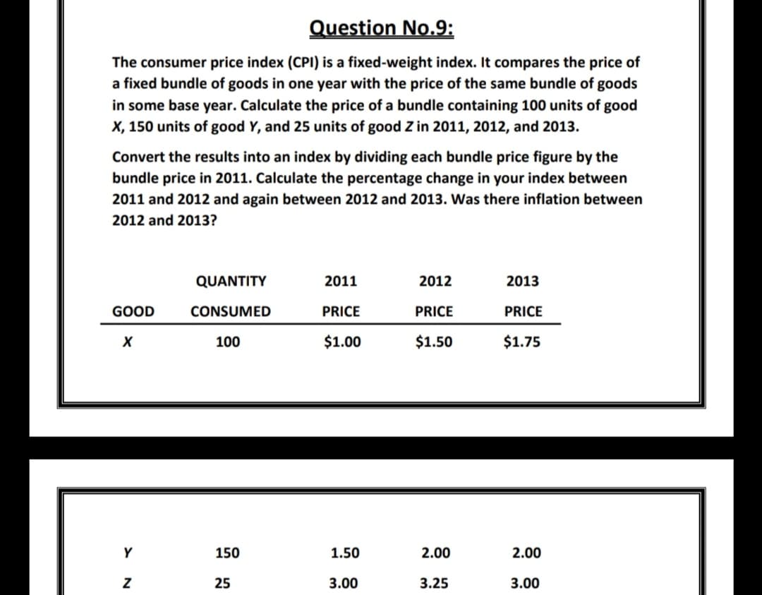 Question No.9:
The consumer price index (CPI) is a fixed-weight index. It compares the price of
a fixed bundle of goods in one year with the price of the same bundle of goods
in some base year. Calculate the price of a bundle containing 100 units of good
X, 150 units of good Y, and 25 units of good Z in 2011, 2012, and 2013.
Convert the results into an index by dividing each bundle price figure by the
bundle price in 2011. Calculate the percentage change in your index between
2011 and 2012 and again between 2012 and 2013. Was there inflation between
2012 and 2013?
QUANTITY
2011
2012
2013
GOOD
CONSUMED
PRICE
PRICE
PRICE
100
$1.00
$1.50
$1.75
Y
150
1.50
2.00
2.00
25
3.00
3.25
3.00
