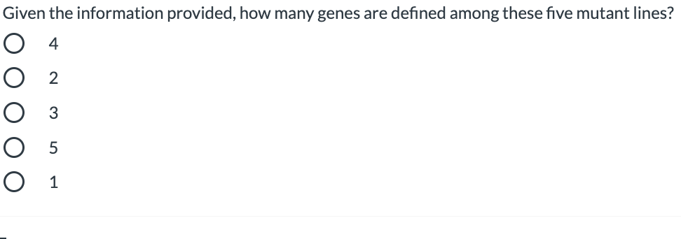 Given the information provided, how many genes are defined among these five mutant lines?
4
2
3
O 5
1
