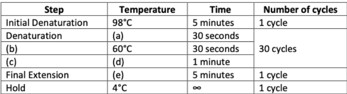 Number of cycles
1 сycle
Step
Temperature
Time
Initial Denaturation
98°C
5 minutes
Denaturation
(a)
30 seconds
30 сycles
(b)
(c)
60°C
30 seconds
(d)
(e)
4°C
1 minute
5 minutes
1 сycle
1 суcle
Final Extension
Hold
