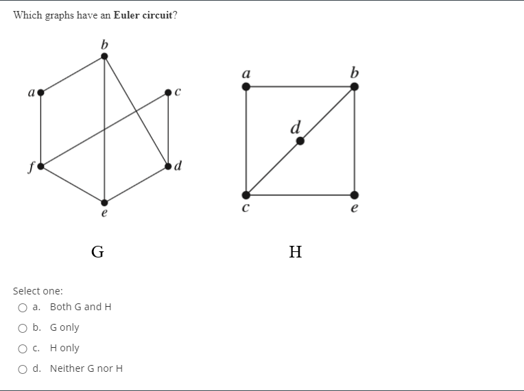 Which graphs have an Euler circuit?
b
а
b
d
G
H
Select one:
O a. Both G and H
O b. Gonly
Ос. Нonly
O d. Neither G nor H
