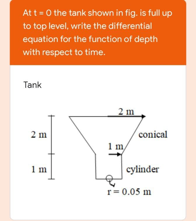 At t = 0 the tank shown in fig. is full up
to top level, write the differential
equation for the function of depth
with respect to time.
Tank
2 m
2 m
conical
1 m
1 m
cylinder
r = 0.05 m
