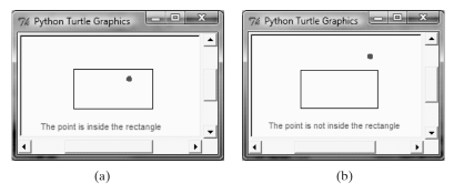 74 Python Turtle Graphics
74 Python Turtle Graphics
The point is inside the rectangle
The point is not inside the rectangle
(a)
(b)
