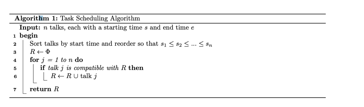 Algorithm 1: Task Scheduling Algorithm
Input: n talks, each with a starting times and end time e
1 begin
2
3
4
5
6
7
Sort talks by start time and reorder so that s1 ≤ $2 ≤ ... ≤ Sn
R← Q
for j = 1 to n do
if talk j is compatible with R then
RRU talk j
return R
