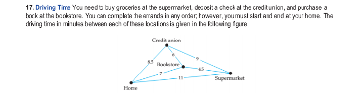 17. Driving Time You need to buy groceries at the supermarket, deposit a check at the creditunion, and purchase a
bock at the bookstore. You can complete the errands in any order; however, you must start and end at your home. The
driving time in minutes between each of these locations is given in the following figure.
Credit union
8.5
Bookstore
4.5
Supermarket
11
Home
