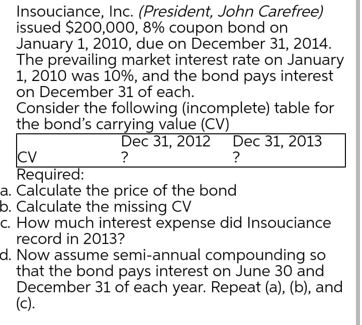 Insouciance, Inc. (President, John Carefree)
issued $200,000, 8% coupon bond on
January 1, 2010, due on December 31, 2014.
The prevailing market interest rate on January
1, 2010 was 10%, and the bond pays interest
on December 31 of each.
Consider the following (incomplete) table for
the bond's carrying value (CV)
Dec 31, 2012
?
Dec 31, 2013
CV
Required:
a. Calculate the price of the bond
b. Calculate the missing CV
c. How much interest expense did Insouciance
record in 2013?
d. Now assume semi-annual compounding so
that the bond pays interest on June 30 and
December 31 of each year. Repeat (a), (b), and
(c).
