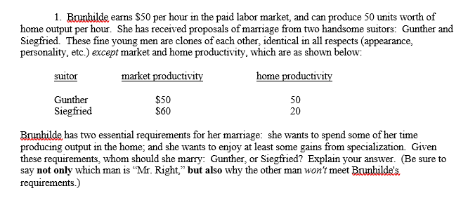 1. Brunhilde earns $50 per hour in the paid labor market, and can produce 50 units worth of
home output per hour. She has received proposals of marriage from two handsome suitors: Gunther and
Siegfried. These fine young men are clones of each other, identical in all respects (appearance,
personality, etc.) except market and home productivity, which are as shown below:
suitor
market productivity
home productivity
Gunther
$50
$60
50
Siegfried
20
Brunhilde has two essential requirements for her marriage: she wants to spend some of her time
producing output in the home; and she wants to enjoy at least some gains from specialization. Given
these requirements, whom should she marry: Gunther, or Siegfried? Explain your answer. (Be sure to
say not only which man is “Mr. Right," but also why the other man won't meet Brunhilde's
requirements.)
