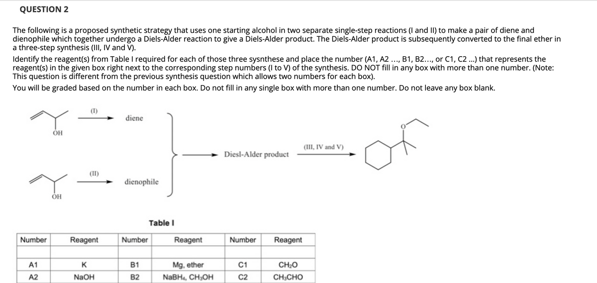 QUESTION 2
The following is a proposed synthetic strategy that uses one starting alcohol in two separate single-step reactions (I and II) to make a pair of diene and
dienophile which together undergo a Diels-Alder reaction to give a Diels-Alder product. The Diels-Alder product is subsequently converted to the final ether in
a three-step synthesis (III, IV and V).
Identify the reagent(s) from Table I required for each of those three sysnthese and place the number (A1, A2
reagent(s) in the given box right next to the corresponding step numbers (I to V) of the synthesis. DO NOT fill in any box with more than one number. (Note:
This question is different from the previous synthesis question which allows two numbers for each box).
You will be graded based on the number in each box. Do not fill in any single box with more than one number. Do not leave any box blank.
B1, B2..., or C1, C2 ...) that represents the
(I)
diene
OH
(III, IV and V)
Diesl-Alder product
(II)
dienophile
Table I
Number
Reagent
Number
Reagent
Number
Reagent
A1
K
B1
Mg, ether
C1
CH2O
A2
NaOH
B2
NaBH4, CH3OH
C2
CH3CHO
