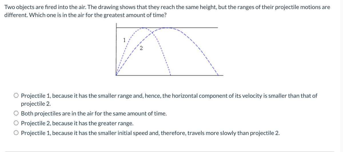 Two objects are fired into the air. The drawing shows that they reach the same height, but the ranges of their projectile motions are
different. Which one is in the air for the greatest amount of time?
Projectile 1, because it has the smaller range and, hence, the horizontal component of its velocity is smaller than that of
projectile 2.
Both projectiles are in the air for the same amount of time.
Projectile 2, because it has the greater range.
Projectile 1, because it has the smaller initial speed and, therefore, travels more slowly than projectile 2.
