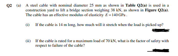 Q2 (a) A steel cable with nominal diameter 25 mm as shown in Table Q2(a) is used in a
construction yard to lift a bridge section weighing 38 kN, as shown in Figure Q2(a).
The cable has an effective modulus of elasticity E = 140 GPa.
(i) If the cable is 14 m long, how much will it stretch when the load is picked up?
(ii) If the cable is rated for a maximum load of 70 kN, what is the factor of safety with
respect to failure of the cable?
