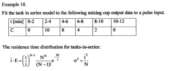 Example 10.
Fit the tank in series model to the following mixing cup output data to a pulse input.
t [min] 0-2
2-4
4-6
6-8
8-10
|10-12
10
8
4
2
The residence time distribution for tanks-in-series:
N-1
IN
NN
t-E =|
(N– 1)!
N
