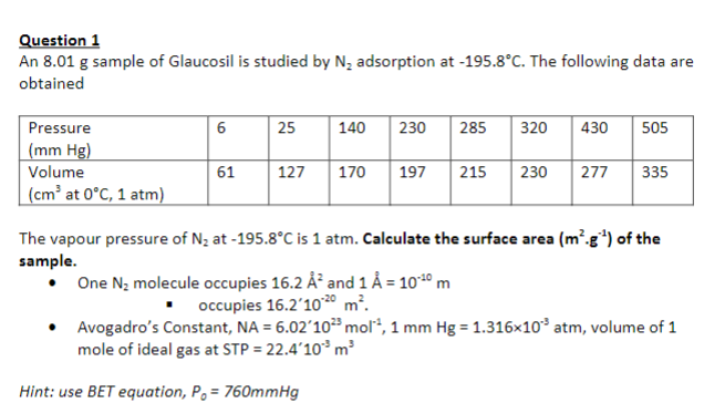 Question 1
An 8.01 g sample of Glaucosil is studied by N; adsorption at -195.8°C. The following data are
obtained
Pressure
6
25
| 140
230
285
320
430
505
(mm Hg)
Volume
61
127
| 170
197
215
230
277
335
(cm³ at 0°C, 1 atm)
The vapour pressure of N; at -195.8°C is 1 atm. Calculate the surface area (m².g*) of the
sample.
• One N; molecule occupies 16.2 Å and 1 Å = 1010 m
• occupies 16.2'10°2º m².
Avogadro's Constant, NA = 6.02'10² mol*, 1 mm Hg = 1.316×10° atm, volume of 1
mole of ideal gas at STP = 22.4'10³m³
Hint: use BET equation, P, = 760mmHg
