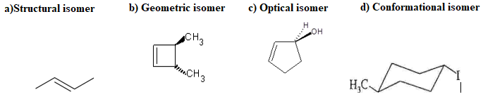 d) Conformational isomer
b) Geometric isomer
c) Optical isomer
a)Structural isomer
CH3
mCH3
H,C
