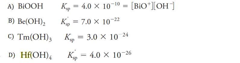 A) BIOOH
Кр —
4.0 × 10-10 = [BiO*][OH]
В) Be(ОН),
7.0 × 10-22
с) Tm(ОH); К, —
3.0 × 10 24
D) Hf(OH)4
Кр — 4.0 х 10-26
