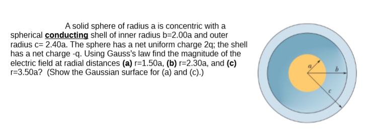 A solid sphere of radius a is concentric with a
spherical conducting shell of inner radius b=2.00a and outer
radius c= 2.40a. The sphere has a net uniform charge 2q; the shell
has a net charge -q. Using Gauss's law find the magnitude of the
electric field at radial distances (a) r=1.50a, (b) r=2.30a, and (c)
r=3.50a? (Show the Gaussian surface for (a) and (c).)

