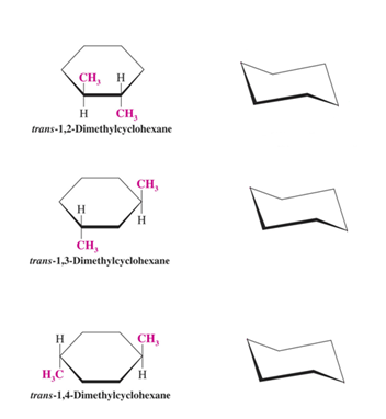 CH, H
H CH,
trans-1,2-Dimethylcyclohexane
H
CH,
H.
ČH,
trans-1,3-Dimethyleyclohexane
CH,
H,C
H
trans-1,4-Dimethyleyclohexane
