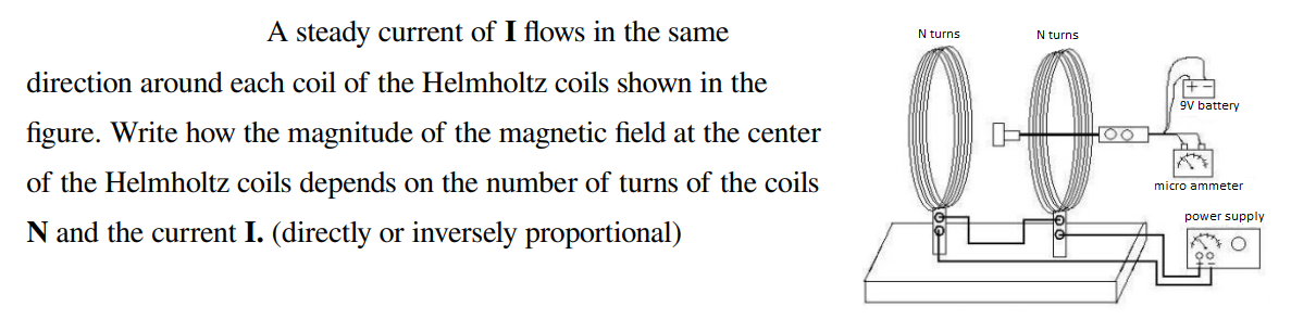 A steady current of I flows in the same
00
N turns
N turns
direction around each coil of the Helmholtz coils shown in the
9V battery
figure. Write how the magnitude of the magnetic field at the center
of the Helmholtz coils depends on the number of turns of the coils
micro ammeter
power supply
N and the current I. (directly or inversely proportional)
