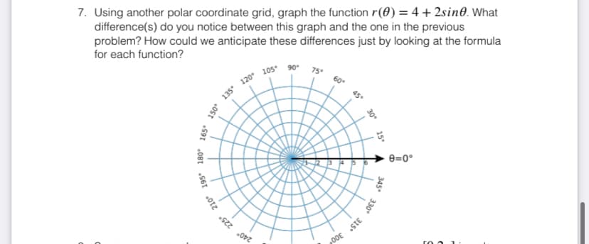 7. Using another polar coordinate grid, graph the function r(0) = 4+2sine. What
difference(s) do you notice between this graph and the one in the previous
problem? How could we anticipate these differences just by looking at the formula
for each function?
120° 105 90°
195° 180°
165° 150
012 s22 .002
135
75°
60°
45°
3 4 5
00E STE
15°
345°
330
0=0°