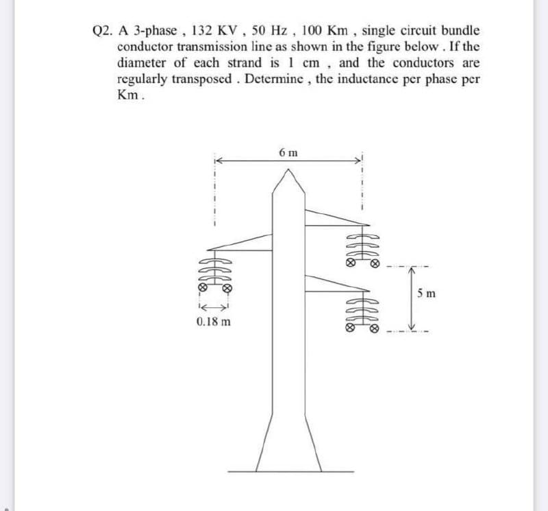 Q2. A 3-phase, 132 KV , 50 Hz , 100 Km, single circuit bundle
conductor transmission line as shown in the figure below. If the
diameter of each strand is 1 cm, and the conductors are
regularly transposed. Determine, the inductance per phase per
Km.
6 m
黄」
5 m
0.18 m
