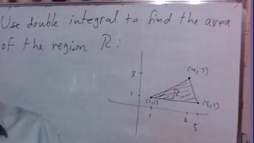 Use double integral to hind the area
of the region R:
(4,3)
(,1)
