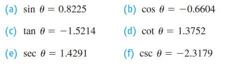 (a) sin 0 = 0.8225
(b) cos 0 = -0.6604
(c) tan 0 = -1.5214
(d) cot 0 = 1.3752
(e) sec 0 :
1.4291
(f) csc 0 = -2.3179
